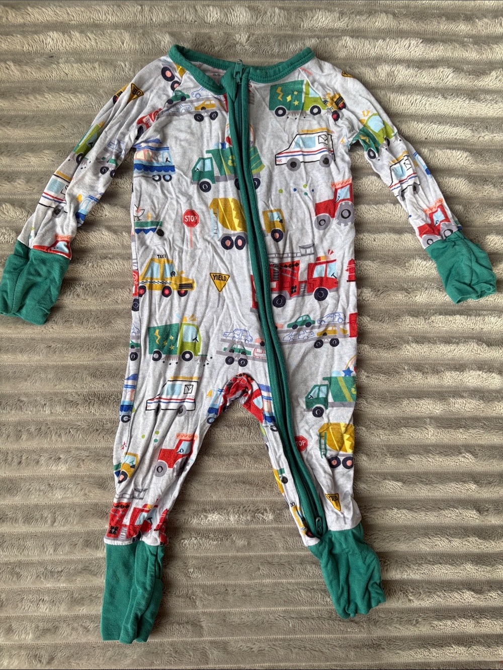 Little Sleepies Green-Trim Vehicle Print Footed One-Piece
